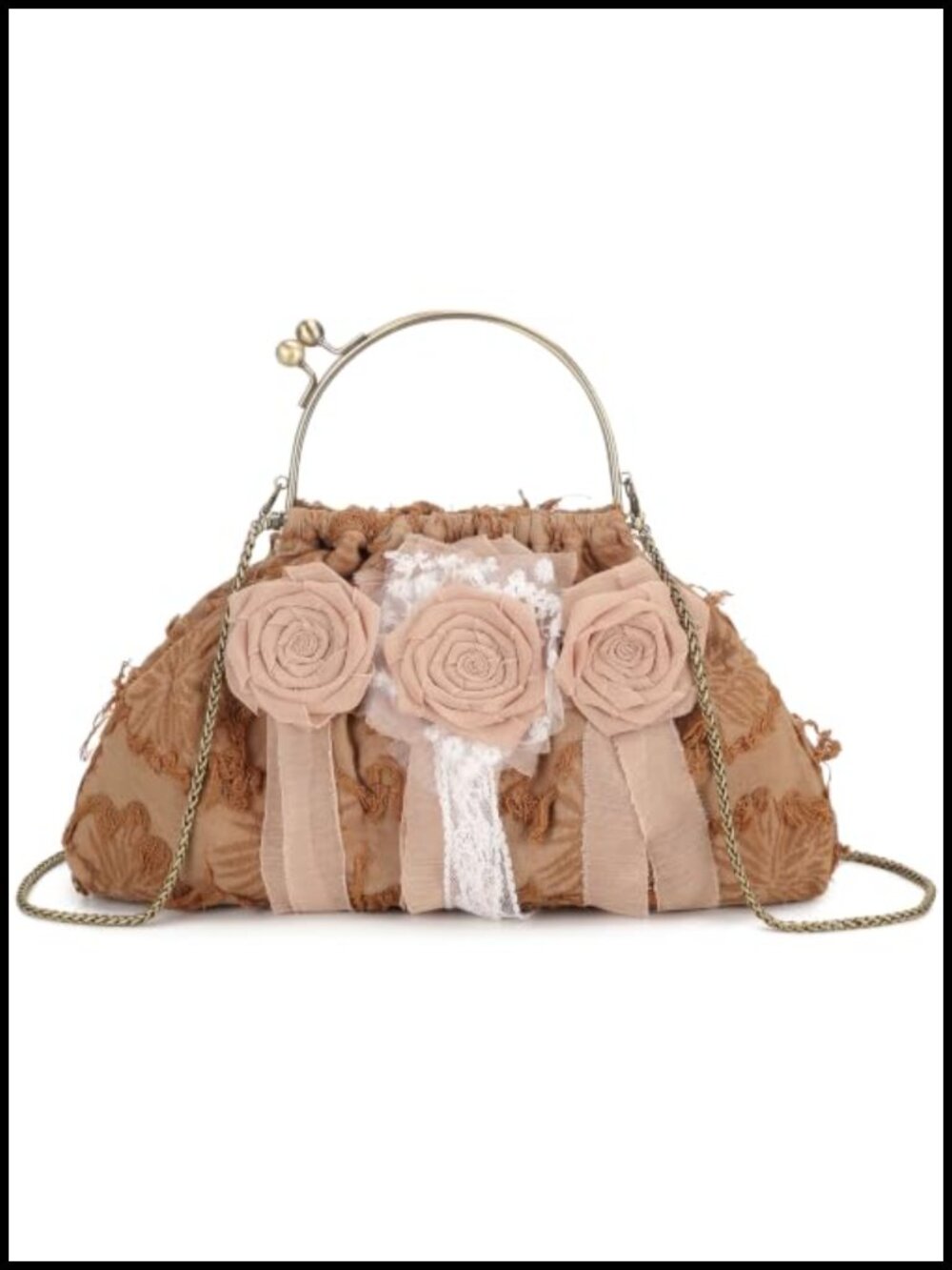 Boho Crossbody Bag with Detachable Flowers, Kiss Lock, Vintage Handbag, Floral
